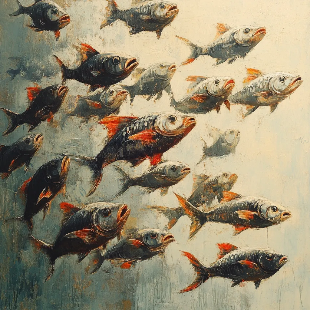 A vibrant oil painting depicts a school of fish swimming in various directions.  The fish are predominantly dark, with accents of orange-red on their fins and underbellies.  They are rendered with visible brushstrokes, creating a textured, almost impasto effect.  The background is a muted, light beige, providing contrast to the darker fish. The overall impression is one of movement and underwater life.