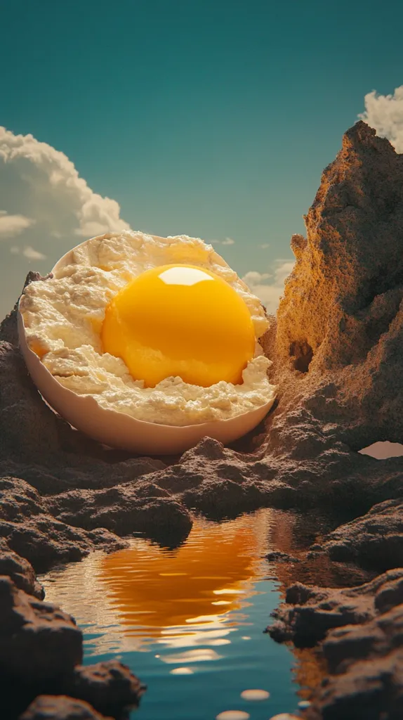 A cracked eggshell reveals a vibrant yolk, nestled amongst rocky terrain under a partly cloudy sky.  The scene is surreal, with the egg dominating the foreground.  A small pool of water reflects the yolk's intense orange hue, mirroring the sky's colors. The overall aesthetic is dreamlike and otherworldly.