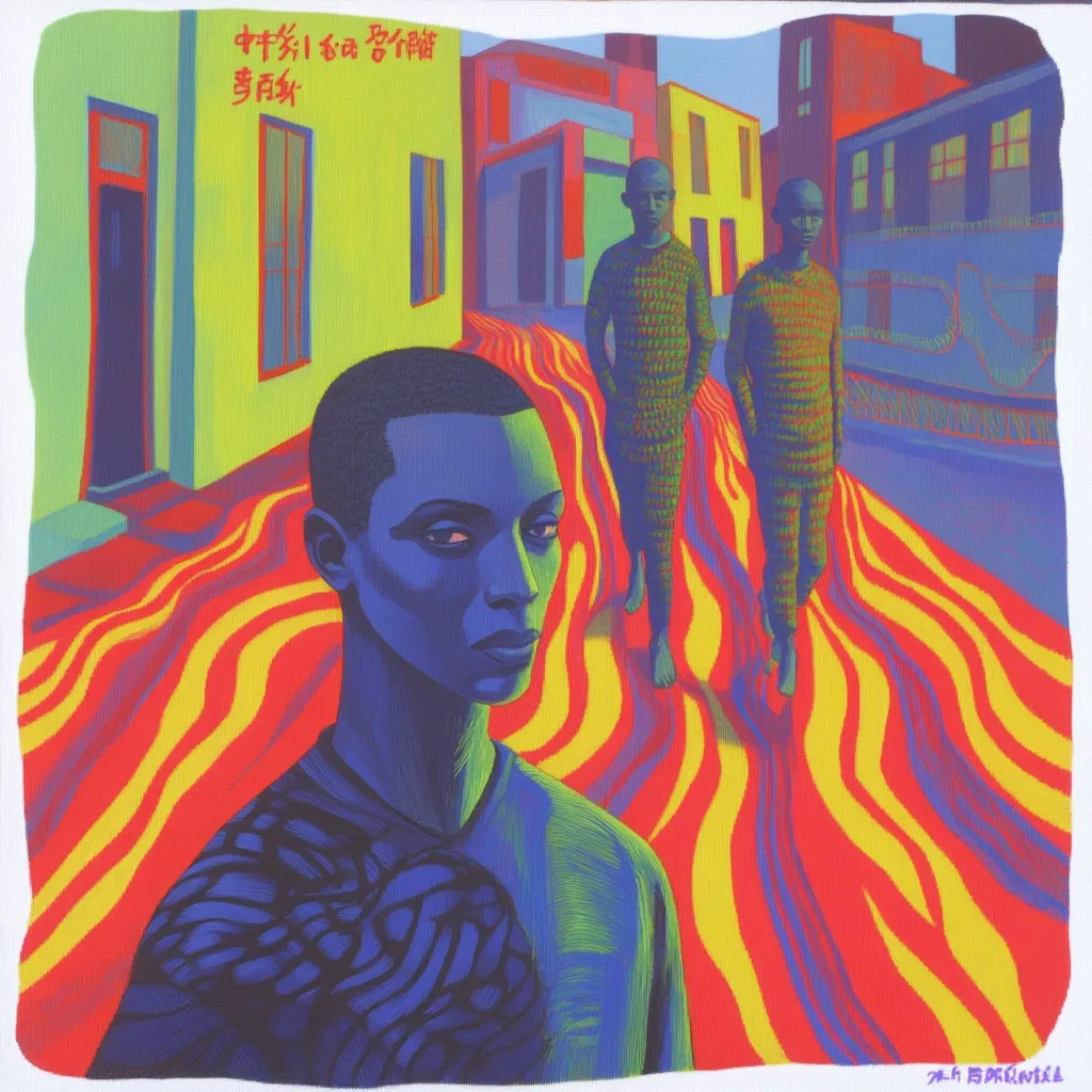 A vibrant, stylized painting depicts a young person with blue skin, wearing a patterned shirt, standing in a street with a wavy, red and yellow ground. Two bald figures in textured, green garments walk away into the background, past brightly colored buildings. The scene is surreal and bold, with contrasting colors and distinct lines.  Chinese characters are visible in the upper left corner.