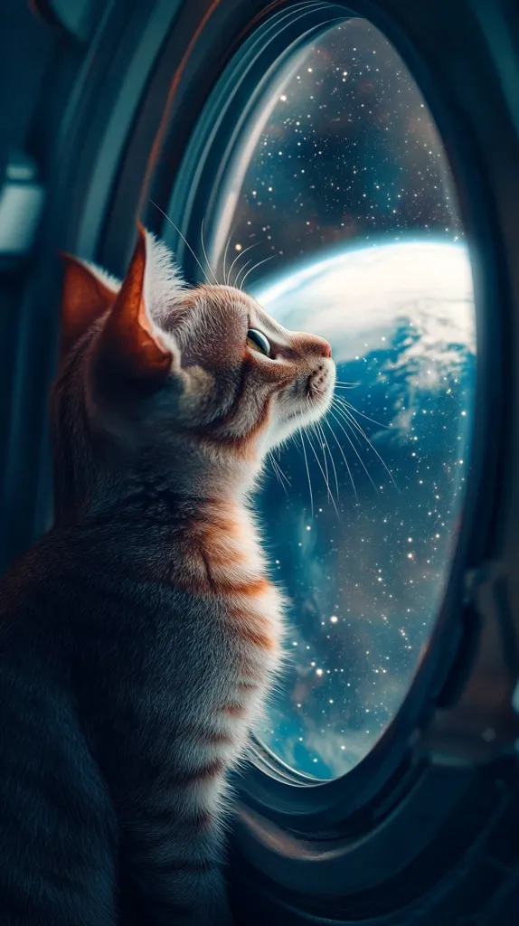 A ginger tabby kitten gazes out a spaceship porthole at a breathtaking view of Earth and the cosmos.  The starry expanse and distant planet are visible beyond the circular window, contrasting with the warm fur of the curious feline. The scene evokes a sense of wonder and adventure, blending the familiar comfort of a cat with the vastness of space.