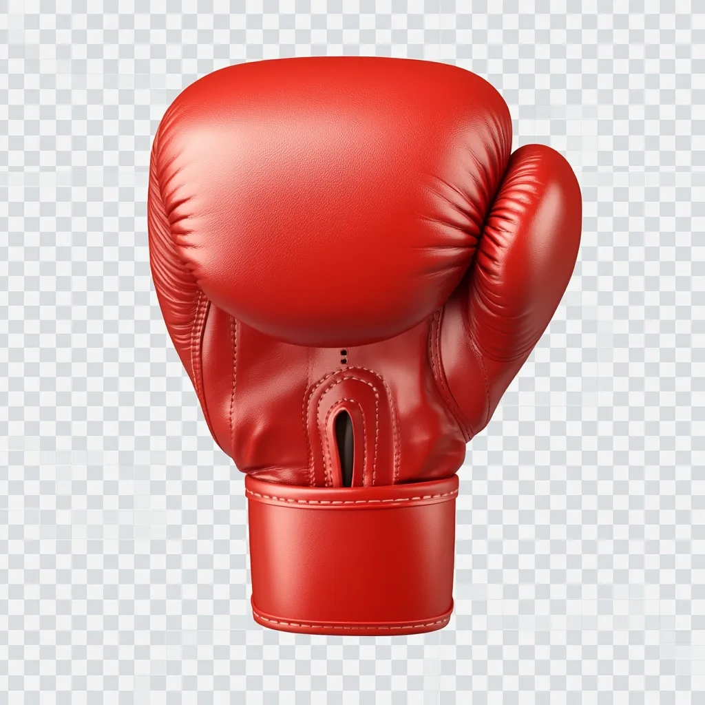 A single red boxing glove is presented against a transparent background.  The glove is depicted in a three-quarter view, showing the padded knuckles and wrist area.  The leather appears smooth and shiny, suggesting a high-quality material. The red color is vibrant and consistent throughout.  The image is clean and well-lit, ideal for use in design or advertising related to boxing, sports, or fitness.