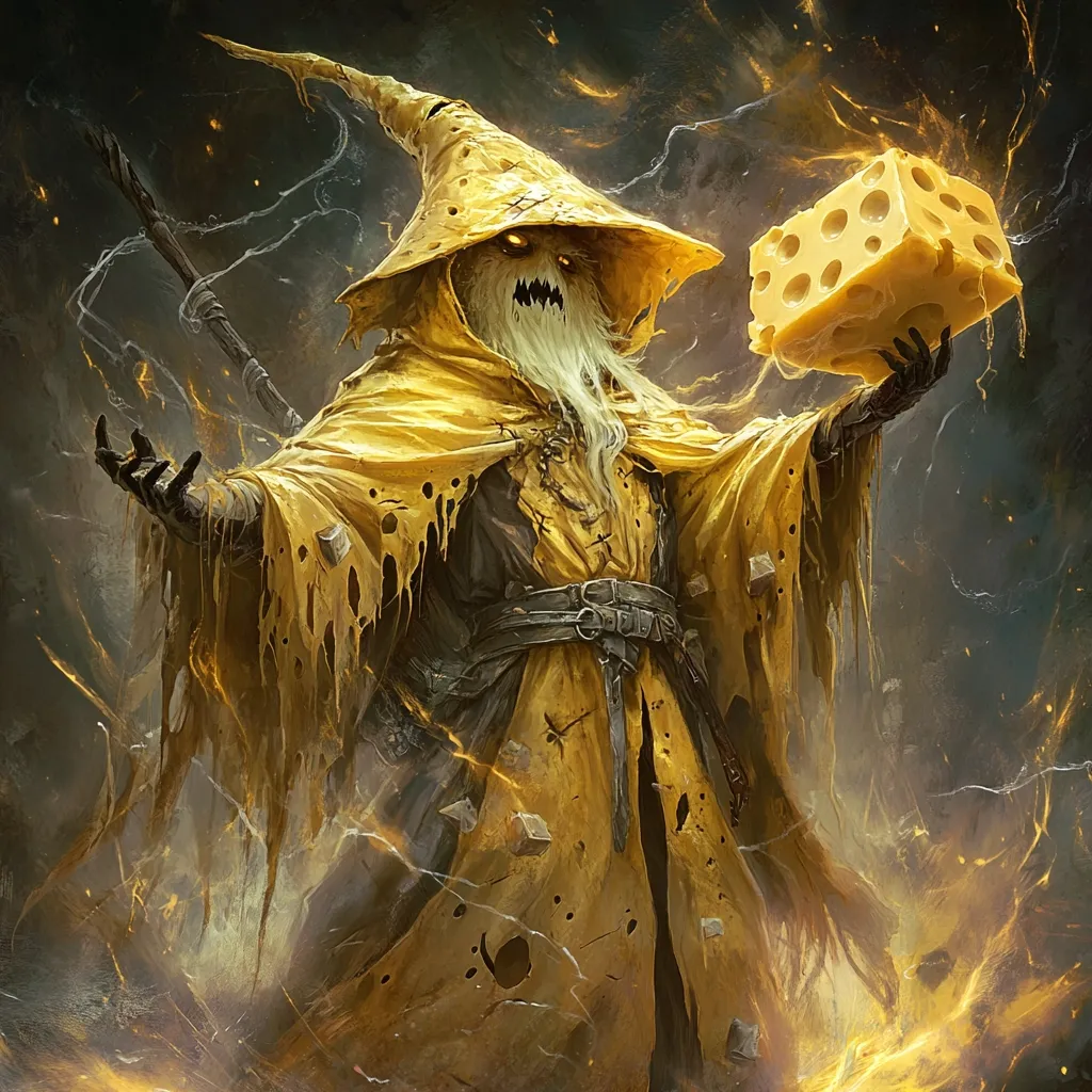 A grotesque wizard, cloaked in tattered, yellow robes resembling melting cheese, stands amidst fiery sparks.  His long, white beard frames a gaunt, unsettling face. He holds aloft a large chunk of Swiss cheese, seemingly imbued with magical energy. The overall effect is both fantastical and disturbing, suggesting a powerful, yet unsettling, figure.