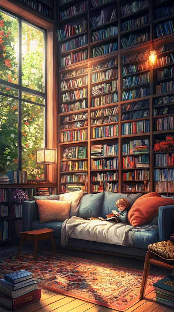 A cozy illustration depicts a child relaxing on a plush couch in a sunlit room.  Floor-to-ceiling bookshelves overflow with countless volumes, creating a warm and inviting atmosphere. Sunlight streams through a large window, illuminating a patterned rug and a stack of books on a side table. The scene is peaceful and evokes a sense of quiet contemplation and the joy of reading.