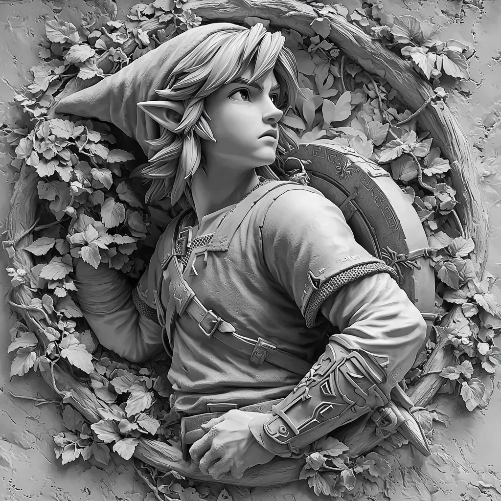 A grayscale digital sculpture depicts Link from the Legend of Zelda series.  He's rendered in a high-detail, almost bas-relief style, partially embedded within a sculpted frame of vines and leaves.  Link is wearing his signature green tunic and is shown from the waist up, his gaze directed upward and to the side. The detail on his clothing, armor, and even the foliage is remarkably intricate.  The overall effect is one of quiet intensity and heroic stillness.