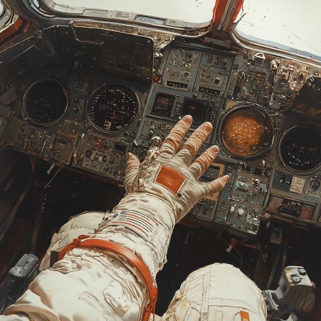 A close-up shot depicts an astronaut's gloved hand reaching towards a complex array of dials, switches, and gauges within a spacecraft's cockpit.  The image focuses on the intricate detail of the control panel and the astronaut's suit, emphasizing the textures and the feeling of being inside a vintage spaceship. The view is from the pilot's perspective, looking down at the controls.  Earth is visible through the overhead window.