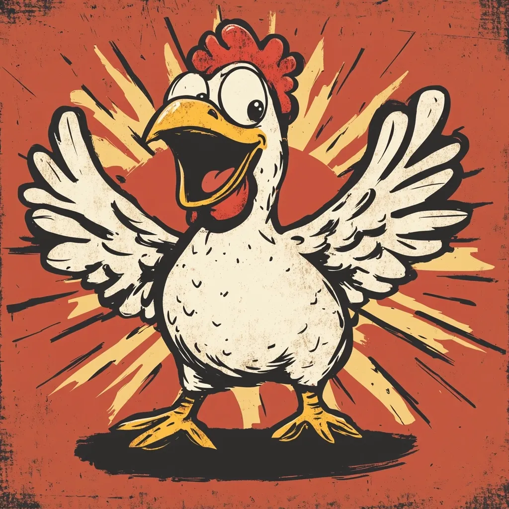 A cheerful cartoon chicken with outstretched wings is depicted against a vibrant red and yellow sunburst background.  The chicken's expression is joyful, its beak open in a wide smile. The style is reminiscent of vintage advertising art or a comic book, with a textured, slightly distressed look.  The overall image is lively and fun.