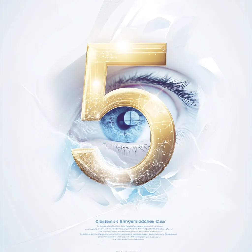 A stylized gold number five, intricately detailed with connecting lines, is superimposed over a close-up of a blue eye.  The design suggests a technological or futuristic theme, with ethereal, light-blue abstract shapes swirling around the number. The overall aesthetic is sleek, modern, and visually striking.  A small amount of text is visible at the bottom, possibly indicating a brand or product name.