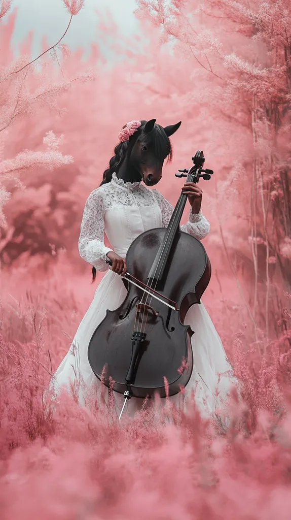 A surreal image of a person with a horse's head wearing a white dress plays a cello in a field of pink grass.  The dark horse head contrasts with the light dress and soft pink background, creating a whimsical and slightly unsettling scene.  Pink flowers adorn the horse's head, adding to the fairytale-like atmosphere. The overall effect is dreamlike and artistic.