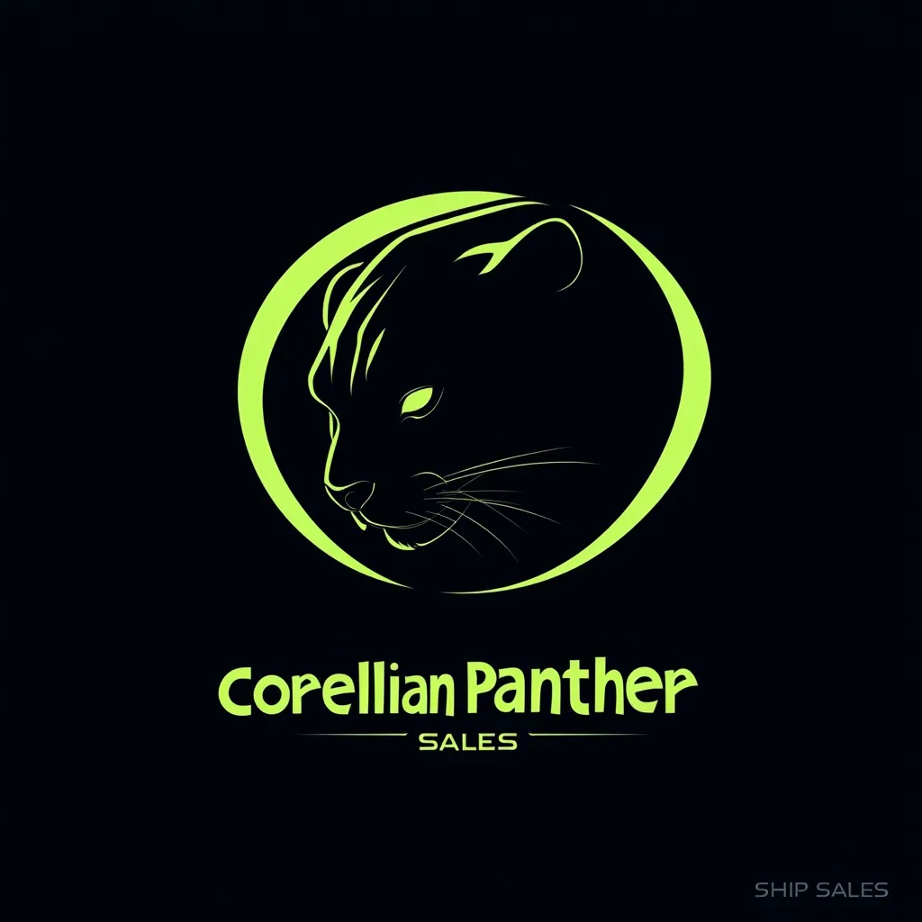 A logo for Corellian Panther Sales is displayed.  A stylized, lime-green outline of a panther's head, in profile, is encircled by a brighter lime-green ring against a black background.  Below the image, "Corellian Panther" is written in a matching lime-green font, with "SALES" in smaller text underneath.  A small "SHIP SALES" appears in the bottom right corner.