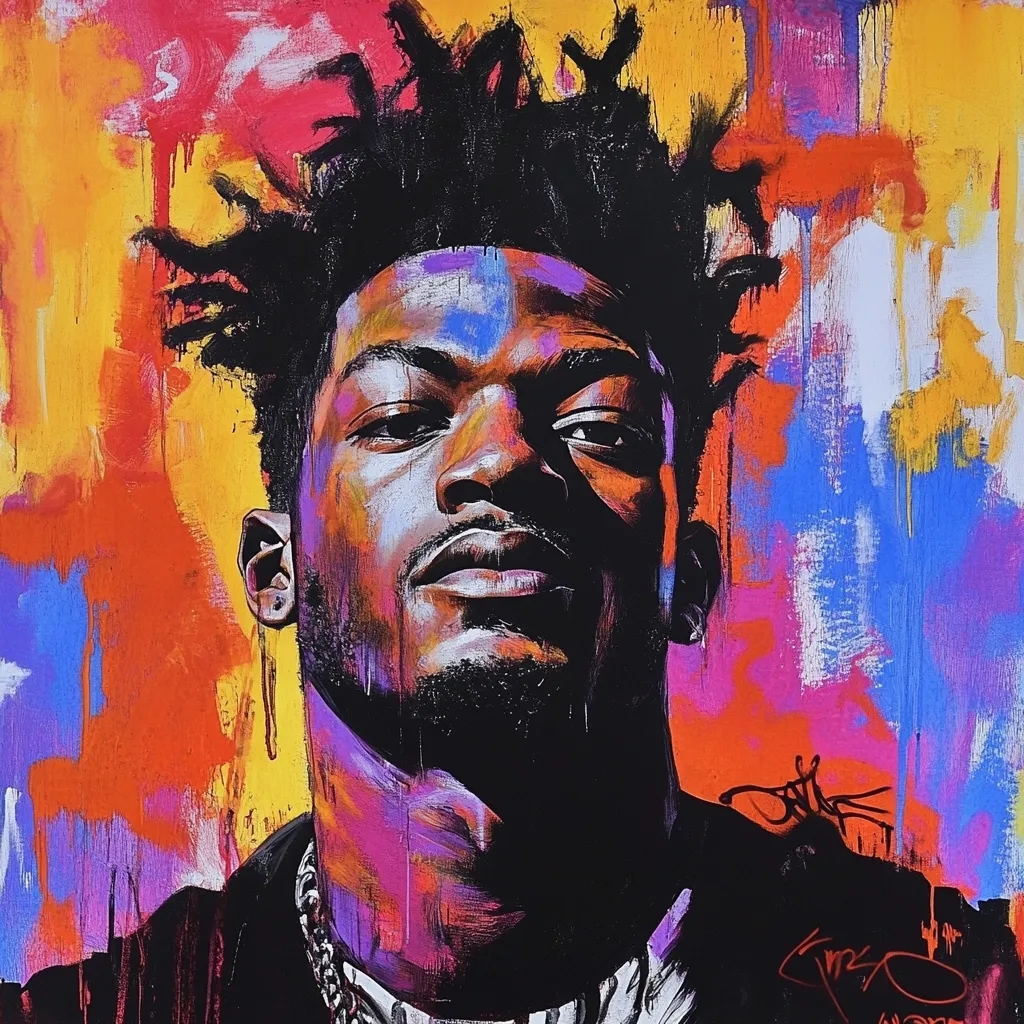 A vibrant, expressive portrait of Lil Nas X is rendered in bold strokes of color.  His distinctive hairstyle is prominent against a background of bright oranges, pinks, blues, and yellows, creating a dynamic and energetic piece. The artist's signature is visible in the bottom right corner.  The style is a mix of portraiture and abstract expressionism, highlighting the subject's strong features and intense gaze.