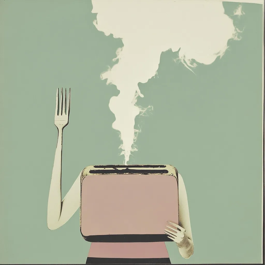 A surreal image depicts a woman with a toaster for a head.  Steam rises from the toaster's slots. One arm is extended, holding a fork aloft. The overall aesthetic is vintage and muted in color tones, creating a dreamlike or whimsical effect. The scene is set against a pale green background. The juxtaposition of elements is unusual and thought-provoking.
