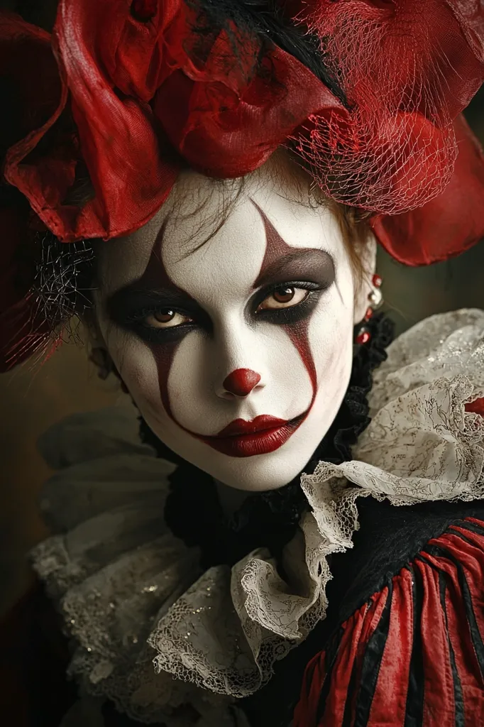 A close-up portrait of a person in elaborate clown makeup.  The makeup is predominantly white and black, creating a classic clown face with exaggerated features.  The individual wears a large, ruffled, off-white collar and a dark, red and black dress accented with a dramatic red headdress. The overall effect is dark, theatrical, and slightly unsettling.