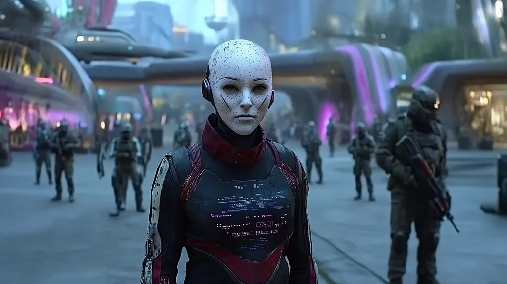 A bald, pale-skinned android with speckled markings stands in a futuristic city square.  She wears a dark, high-tech suit with red accents and a glowing data display on her chest.  Blurred in the background, soldiers in armored uniforms patrol the area, suggesting a controlled or potentially tense environment.  The city's architecture is sleek and modern, with glowing purple accents.
