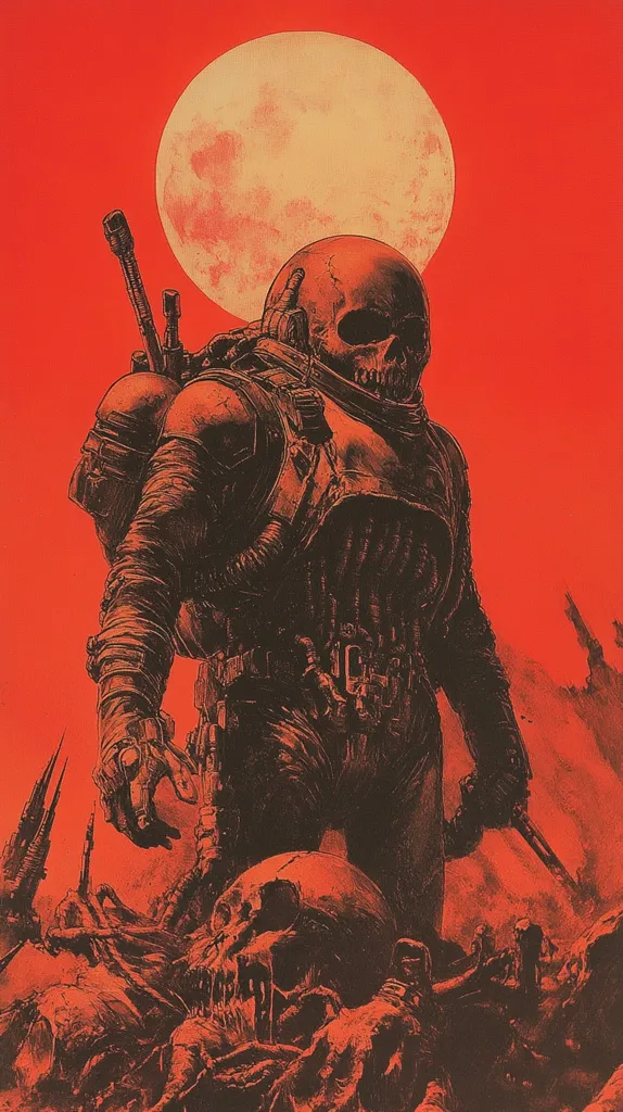 A skull-faced astronaut stands amidst a desolate, crimson landscape under a large, orange moon.  The astronaut is heavily armored, carrying weaponry, and stands over a pile of skulls and skeletal remains.  The overall tone is dark and apocalyptic, suggesting a post-apocalyptic or sci-fi horror setting.  The color palette is predominantly red and orange, enhancing the scene's ominous atmosphere.