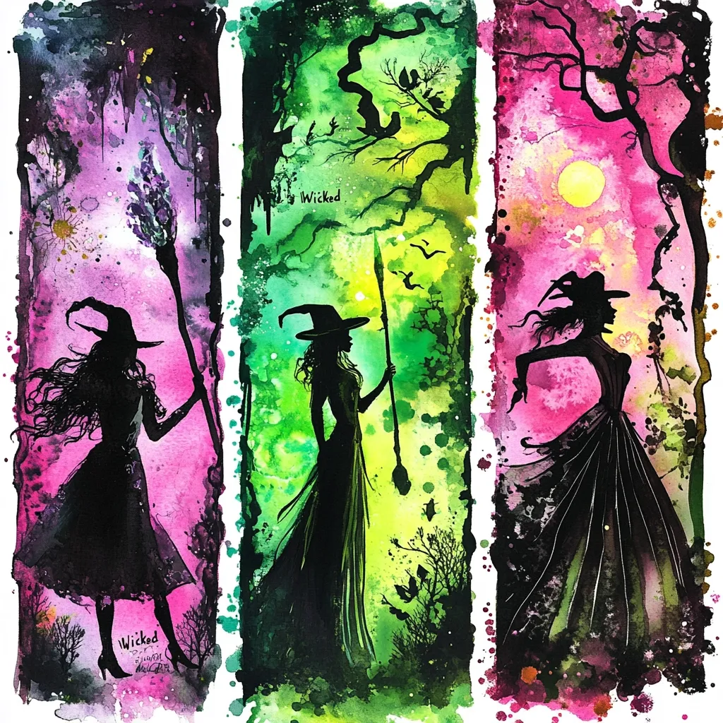 A triptych watercolor painting depicts three witches in silhouette against vibrant backgrounds.  The left panel shows a witch with a broomstick, set against a purplish-pink sky.  The central panel features a witch with a spear, against a lime green backdrop. The right panel displays a witch in a flowing gown, set against a hot pink and purple-toned scene.  All three panels feature dark, stylized trees and birds, creating a whimsical, Halloween-themed artwork.