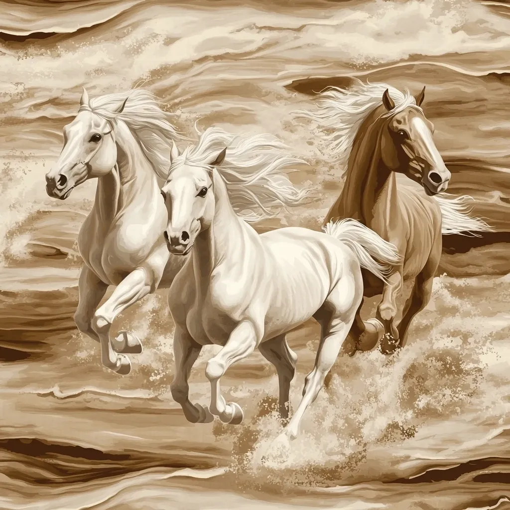 Three majestic horses gallop across a sepia-toned, wave-like background. Two white horses lead the charge, their manes and tails flowing in the wind, followed by a chestnut horse.  The scene is dynamic, capturing the powerful movement and energy of the running animals against a swirling backdrop suggestive of water or sand. The overall style is realistic, emphasizing the horses' musculature and grace.