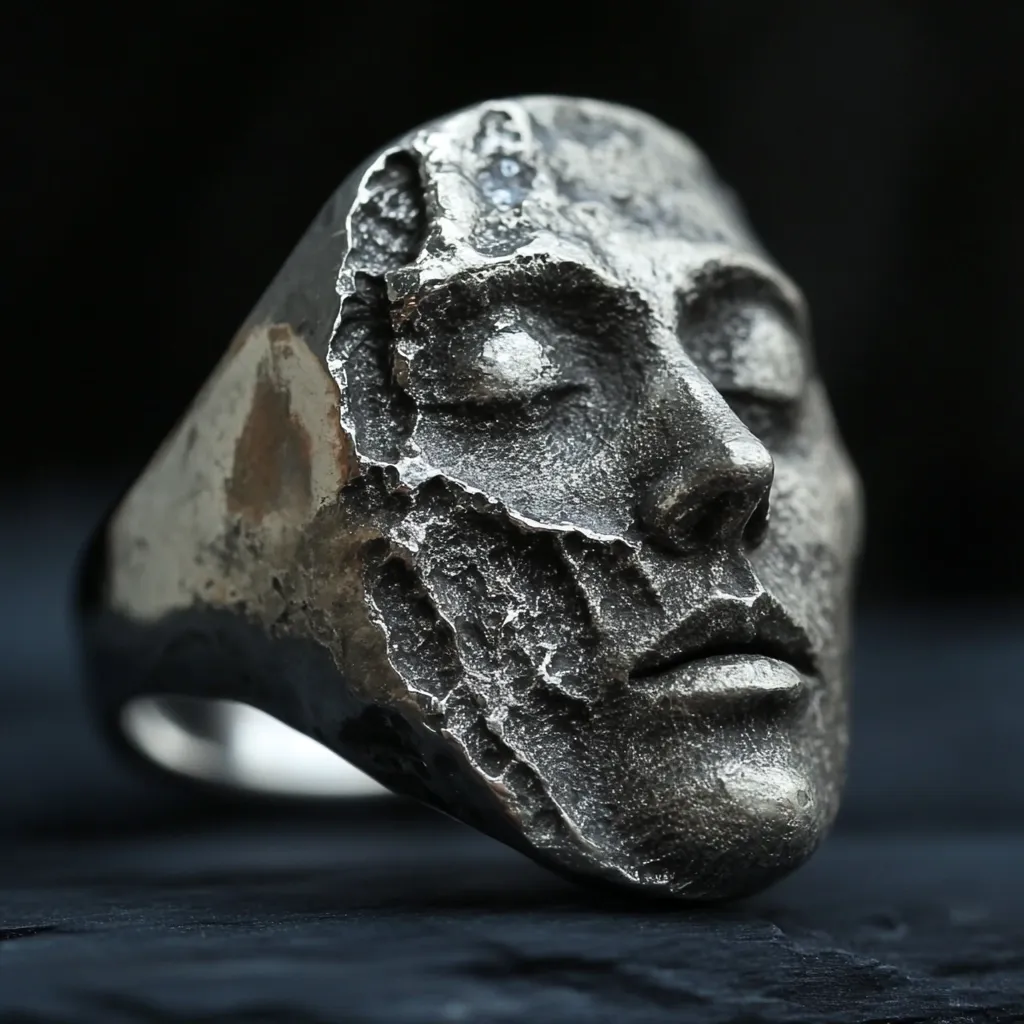 A striking silver ring features a meticulously detailed face, its surface textured with a rough, almost eroded appearance.  The face is serene, eyes closed, suggesting tranquility or contemplation.  The craftsmanship is evident in the intricate detailing and the contrast between the smooth and textured areas.  The ring is a statement piece, bold and evocative.