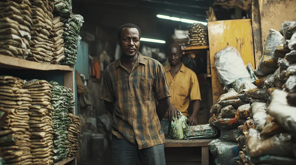 Inside a dimly lit shop, a man in a plaid shirt stands prominently, his gaze directed towards the viewer.  Behind him, another man in a yellow shirt works amidst stacks of bundled goods, filling shelves overflowing with packaged materials.  The atmosphere is one of bustling activity within a small, cluttered business.