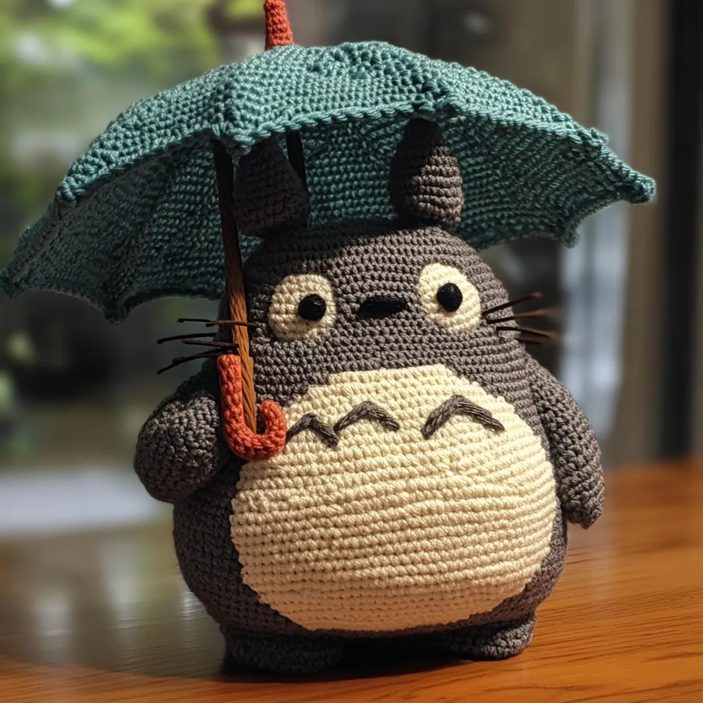 A charming crocheted Totoro, from the beloved Studio Ghibli film "My Neighbor Totoro," stands under a teal crocheted umbrella.  The amigurumi Totoro is meticulously crafted with grey and off-white yarn, showcasing its signature large eyes and round belly.  The small, handcrafted umbrella adds a delightful touch to this endearing piece of handmade art.