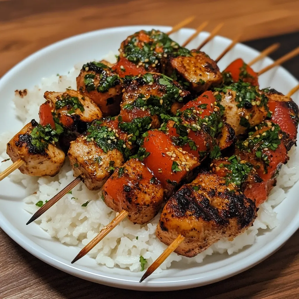 Grilled chicken and red bell pepper skewers, generously coated in a vibrant green herb sauce and sesame seeds, are artfully arranged atop a bed of fluffy white rice.  The skewers are presented on a simple white plate, showcasing the delicious-looking meal.  The image highlights the char marks on the chicken, suggesting a smoky flavor.