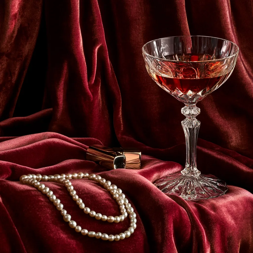 A luxurious still life featuring a coupe glass of crimson cocktail rests on rich burgundy velvet.  A pearl necklace and gold lipstick case are artfully arranged nearby. The deep red fabric creates a dramatic backdrop, enhancing the opulent feel of the scene.  The overall impression is one of elegance and sophistication.