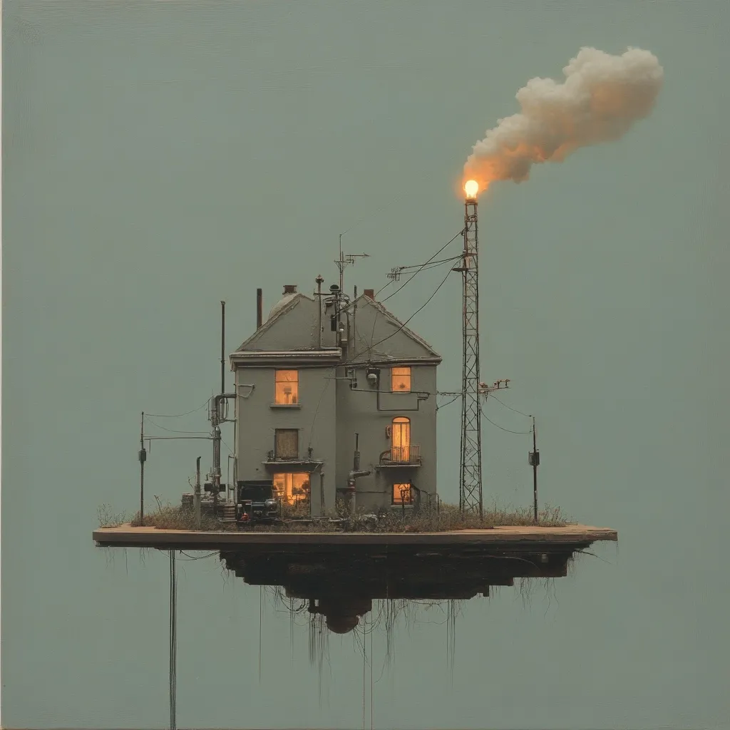 A surreal painting depicts a small, grey house illuminated from within, perched atop a floating island.  The house is connected to a tall structure emitting smoke and a flame, suggesting industry or energy production.  The scene is set against a muted, atmospheric sky, creating a sense of isolation and quiet mystery. The overall aesthetic is melancholic and slightly dystopian.