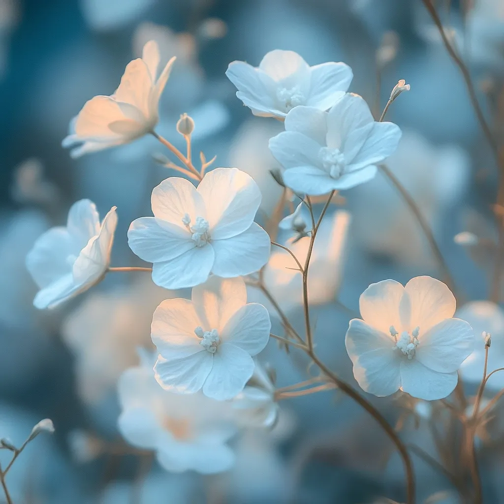 Delicate white flowers, possibly Geraniums, bloom softly against a blurred teal background.  The blossoms are illuminated by a gentle light, creating a dreamy, ethereal effect.  Petals are softly rounded, and the overall impression is one of serenity and peaceful beauty.  The shallow depth of field emphasizes the central flowers, drawing the eye to their delicate details.