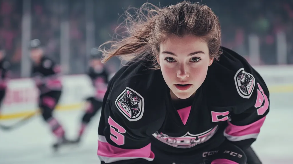 A young female hockey player, wearing a black jersey with pink accents and a team logo, intensely focuses on the ice.  Her brown hair is partially pulled back, and her determined expression conveys concentration and dedication. The blurred background depicts other players, indicating a game in progress.  The image is sharp and focused on the player, highlighting her passion for the sport.
