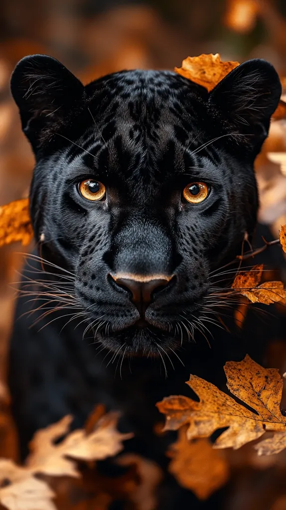 A majestic black panther with piercing golden eyes stares intently at the camera.  Its dark, sleek fur contrasts beautifully with the vibrant autumn leaves surrounding it. The panther's expression is captivating, a blend of power and wild beauty. The image is sharply focused, highlighting the intricate details of the animal's coat and the autumnal setting.