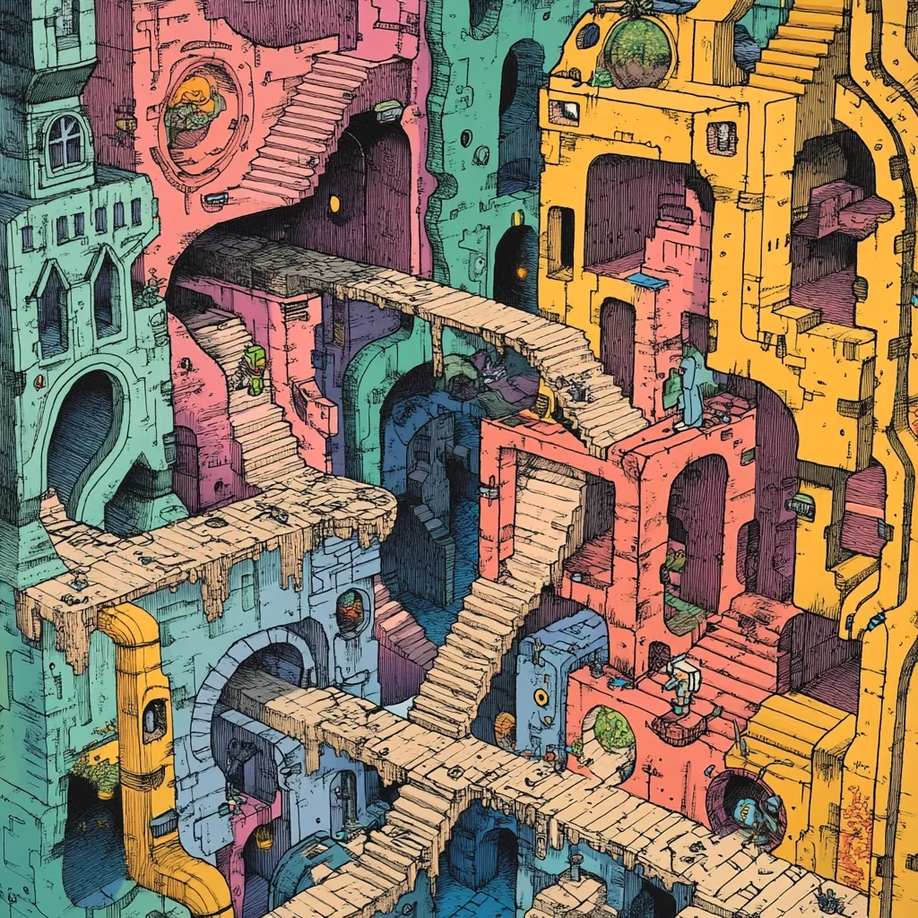 A vibrant, intricate illustration depicts a fantastical, multi-level city.  Pastel-colored buildings are interconnected by staircases, bridges, and walkways, creating a labyrinthine structure.  Small figures are scattered throughout the scene, adding a sense of scale to the complex architecture.  The style is reminiscent of a detailed architectural drawing, with a surreal and whimsical quality.  The overall effect is one of imaginative wonder and playful complexity.