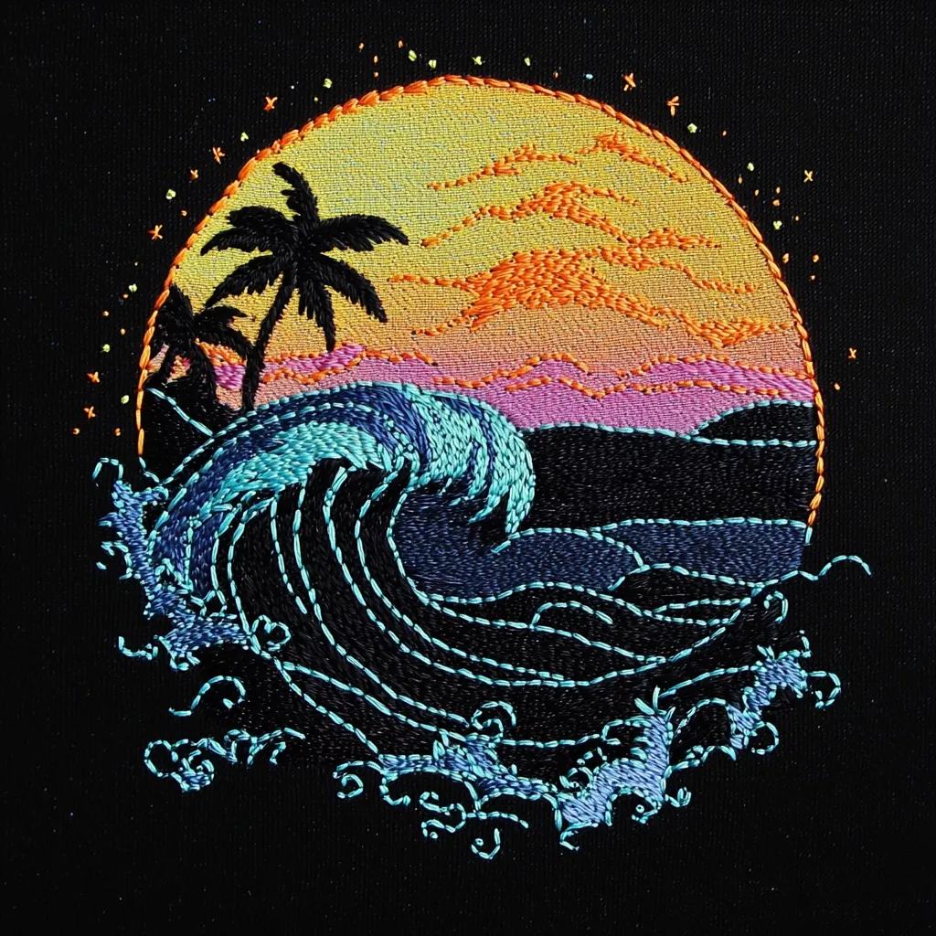 A circular embroidery design depicts a vibrant sunset over a crashing ocean wave.  Silhouetted palm trees stand on a beach at the edge of the setting sun, rendered in warm oranges, pinks, and yellows. The wave itself is a teal and navy blue, with smaller waves curling at its base, all meticulously stitched onto a dark fabric.  The overall style is reminiscent of vintage surf art.
