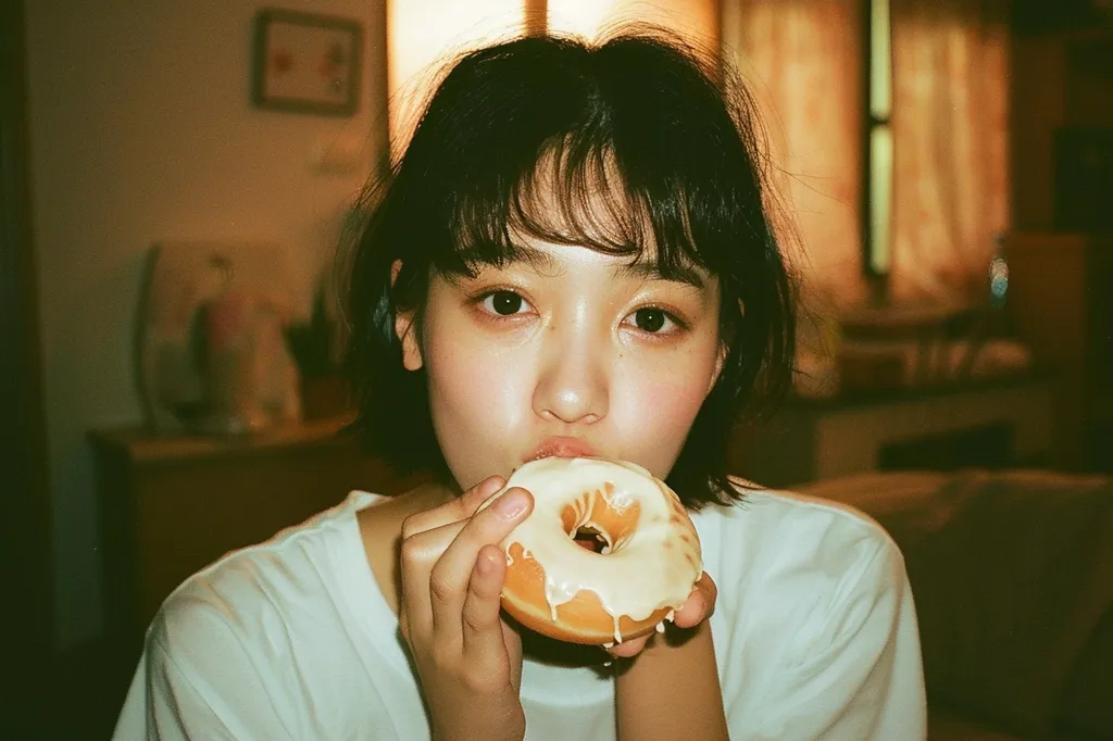A young woman with short, dark hair and bangs bites into a glazed donut.  Her expression is one of quiet enjoyment.  The photo is warm-toned, with a slightly grainy, vintage feel, suggesting it may be film photography.  The background is blurred, showing a glimpse of a home interior. The overall mood is serene and casual.