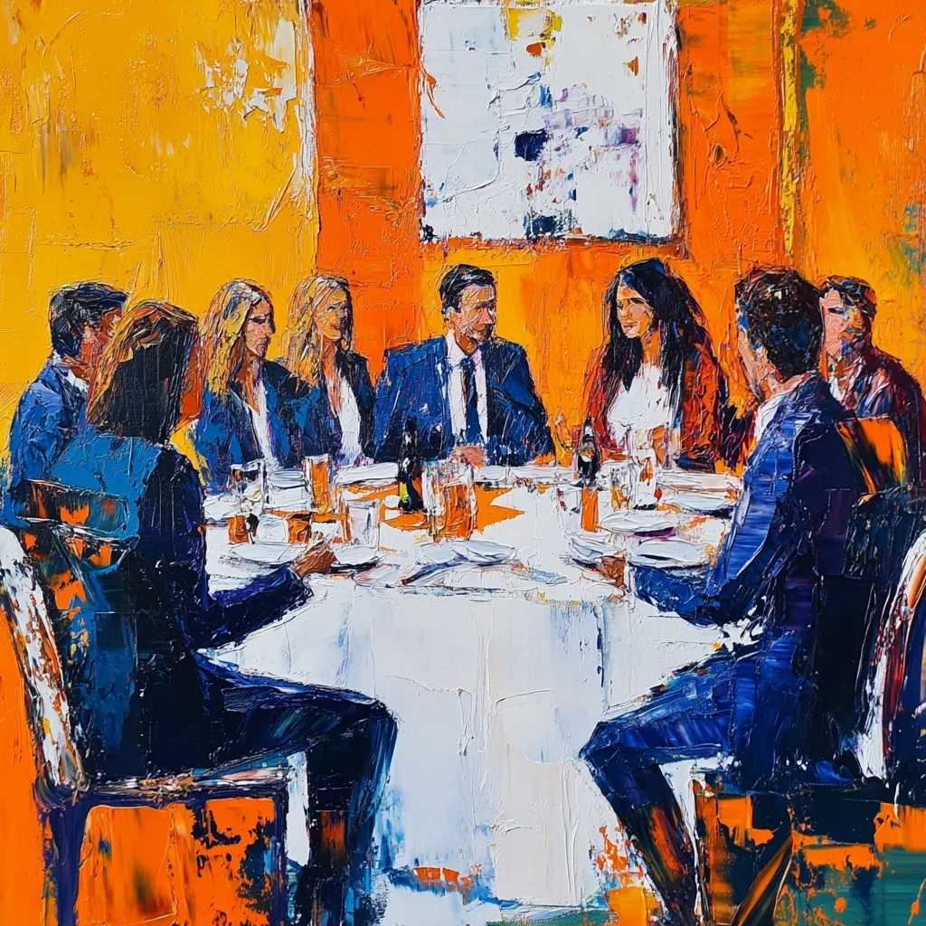 A vibrant, impasto-style painting depicts a formal dinner party.  Eight elegantly dressed individuals, four men and four women, are seated around a white tablecloth-covered table.  The warm, orange background contrasts with the cool blues and blacks of the attire.  The artist uses bold brushstrokes and a rich palette, creating a dynamic and energetic scene.  The painting suggests a moment of conversation and shared experience.