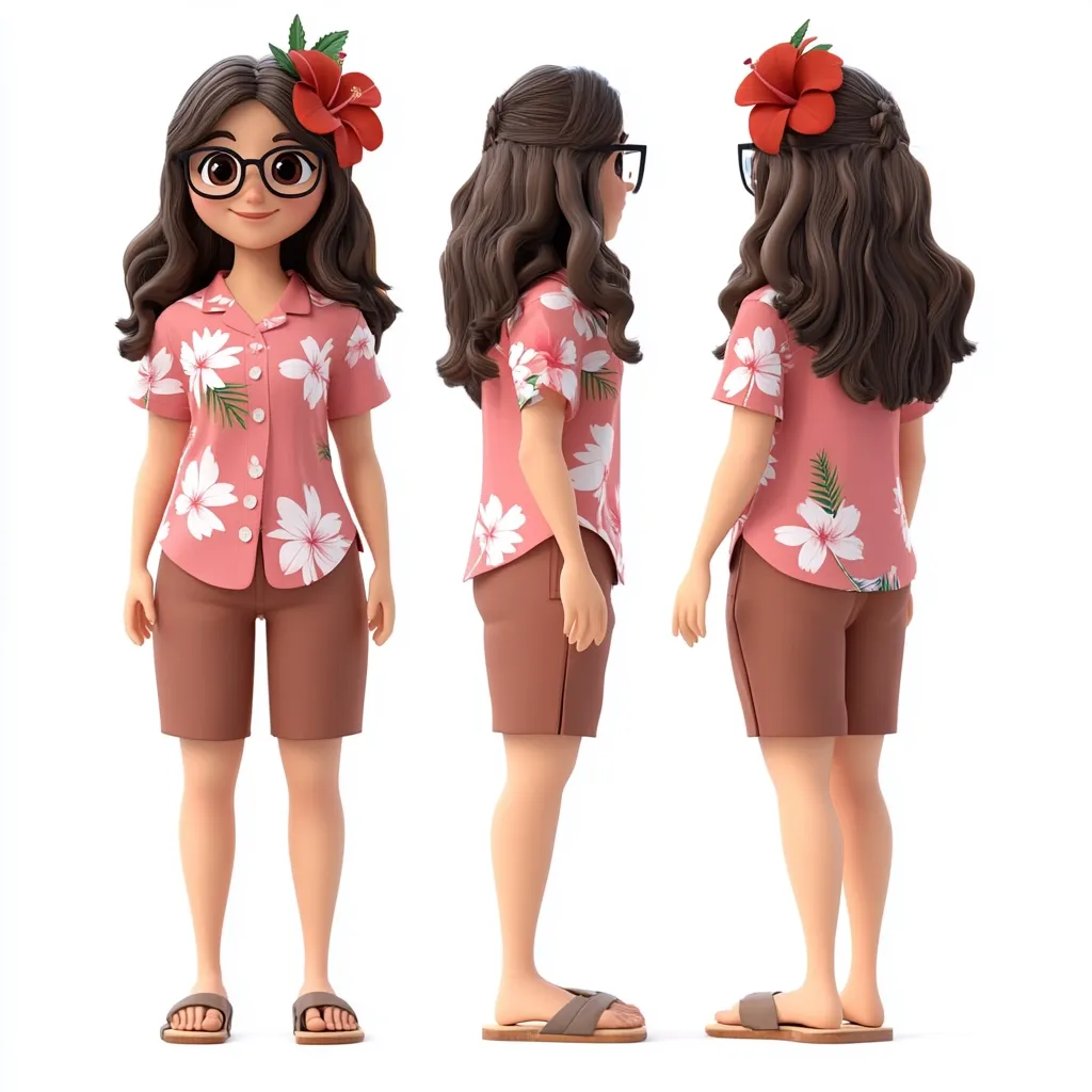 A 3D rendered illustration showcases a young woman from three different angles.  She's depicted wearing a pink hibiscus-printed shirt, brown shorts, and glasses, accessorized with a hibiscus flower in her hair.  The style is cheerful and summery, suggesting a vacation or tropical theme.  The figure is presented in a full-body view, offering a complete visual representation.