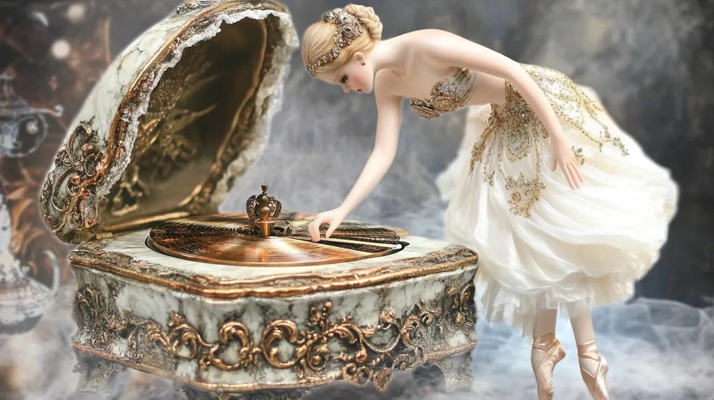 A ballerina in a white and gold tutu delicately interacts with an ornate, antique music box. The box, crafted from marble and gold, is intricately detailed with swirling patterns and a crown-topped mechanism. The ballerina's pose suggests a moment of graceful interaction with the music box, creating a scene of elegant artistry and timeless beauty.  The image is softly lit, enhancing the ethereal quality.