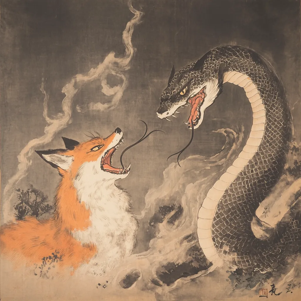 A captivating artwork depicts a dramatic confrontation between a vibrant red fox and a large, dark serpent.  The fox, mouth agape, faces the serpent whose head is raised, fangs bared in a tense standoff.  Wisps of smoke or mist surround them, enhancing the mystical atmosphere. The style suggests a blend of traditional East Asian painting techniques with a modern interpretation.  The piece evokes a sense of power and impending conflict between these two symbolic creatures.