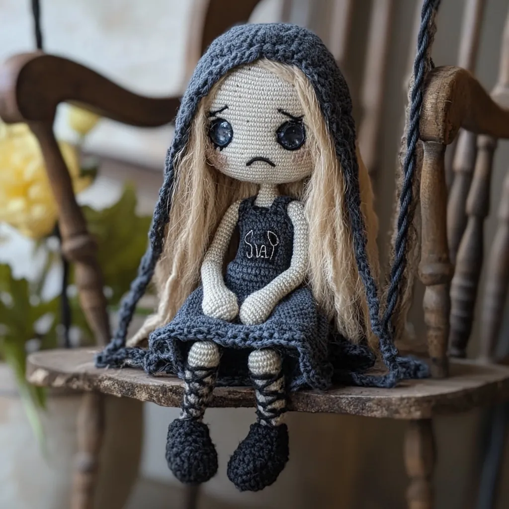 A crocheted doll with long blonde hair sits on a wooden chair.  She wears a dark grey hooded dress and matching shoes, and has large, expressive eyes.  Her face conveys a melancholic expression. The doll appears handcrafted, with intricate details in the clothing and facial features.  The setting is soft and slightly muted in tone, emphasizing the doll's wistful demeanor.