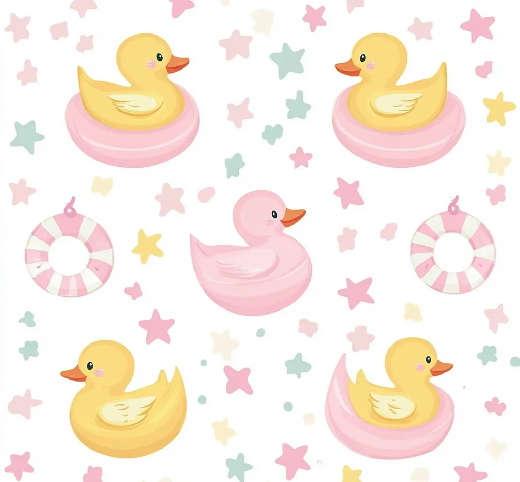 A charming pattern features yellow and pink rubber duckies, some floating on pink inner tubes.  Pastel stars and striped life preservers are scattered across a white background, creating a playful and whimsical design perfect for children's products or summer-themed decor. The cute and simple illustration evokes a feeling of fun and relaxation.