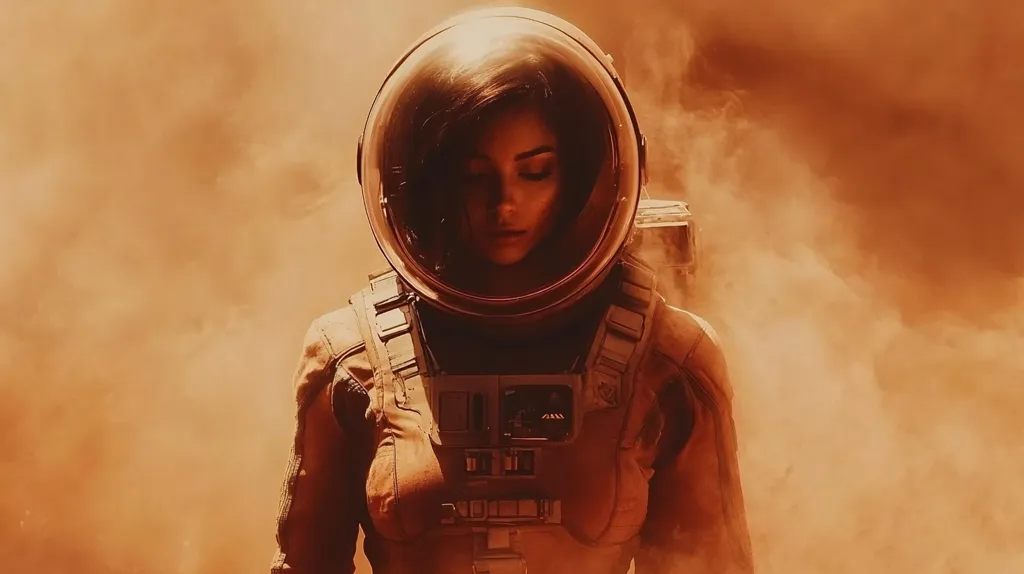 A female astronaut, clad in an orange spacesuit, stands amidst a dusty, orange-hued landscape.  Her helmet's visor reflects a contemplative expression.  The atmosphere is thick with dust and a sense of solitude, suggesting a harsh, alien environment. The overall mood is one of quiet contemplation and isolation on a desolate planet.