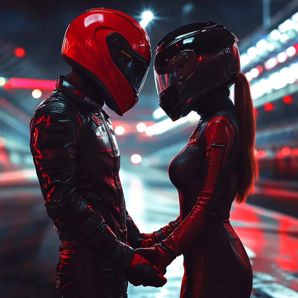 A romantic image of a couple in race suits and helmets, holding hands.  They stand on a race track at night, bathed in the glow of red and white lights. The man wears a red helmet, while the woman's is black. Their attire is sleek and stylish, enhancing the dramatic atmosphere. The scene suggests a shared passion for racing and a tender moment between two racers.