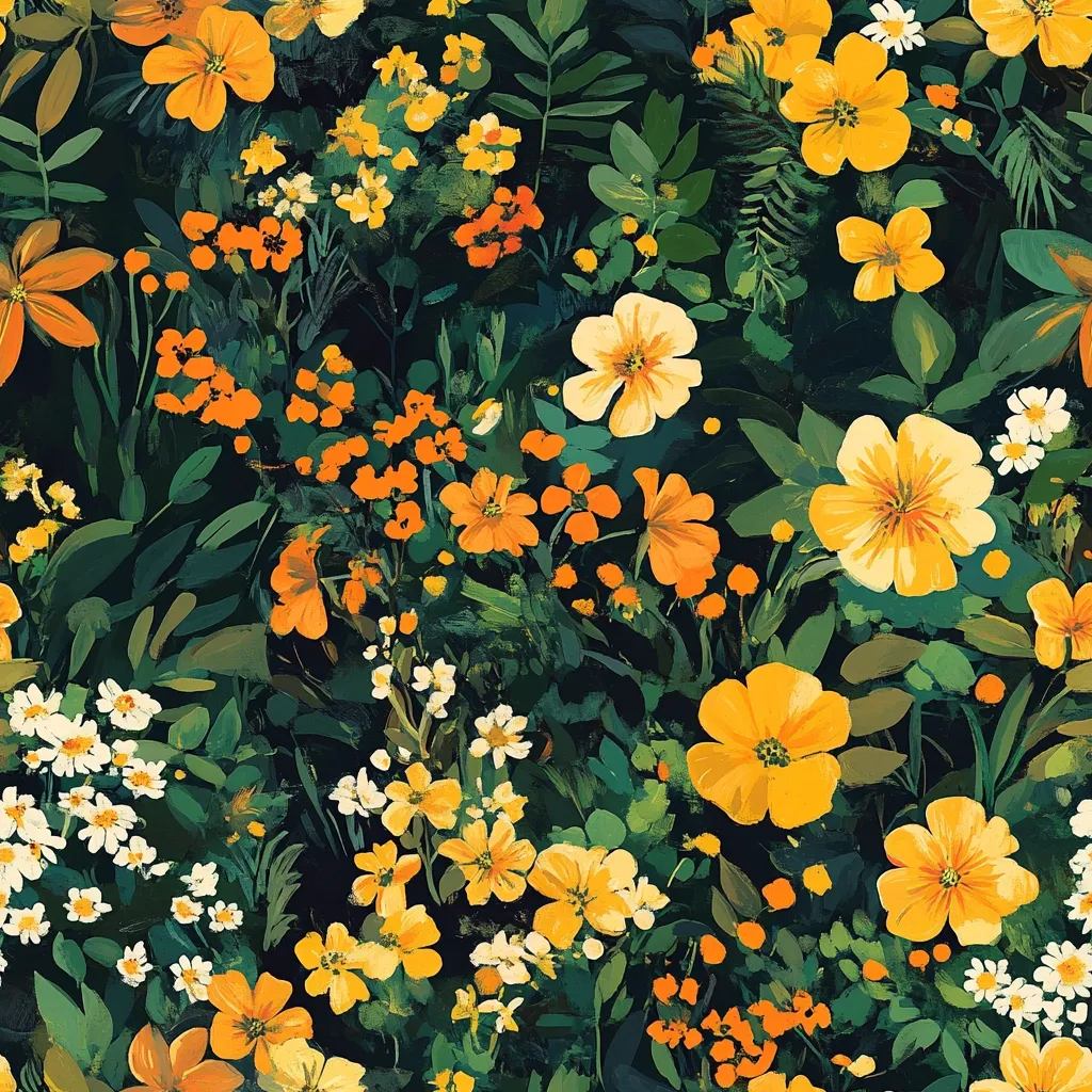 A vibrant, painterly depiction of a dense garden teeming with yellow and orange flowers.  Various blooms, including daisies and larger, more prominent blossoms, are interspersed amidst lush, dark green foliage. The style evokes a bold, almost impressionistic feel, with visible brushstrokes contributing to the lively energy of the scene.  The overall effect is a rich tapestry of color and texture, suggesting a profusion of summer blooms.
