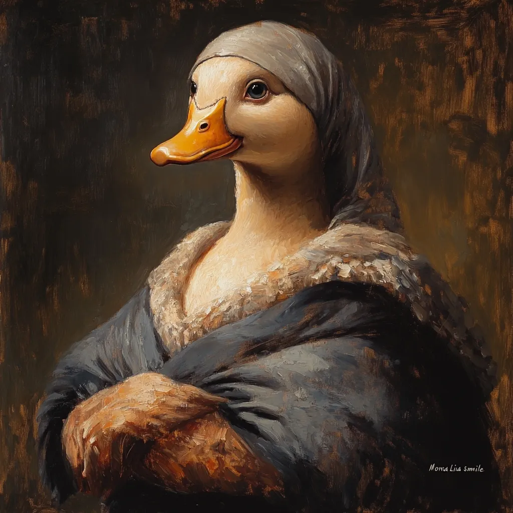 A meticulously painted portrait in the style of a classic oil painting depicts a duck in human attire.  The duck, with a serene expression, wears a gray head covering, a fur-trimmed garment, and a dark bluish-gray robe. Its arms are crossed, mimicking a human pose. The background is dark and muted, focusing attention on the subject. The overall effect is both humorous and artistic, a playful juxtaposition of animal and human forms.