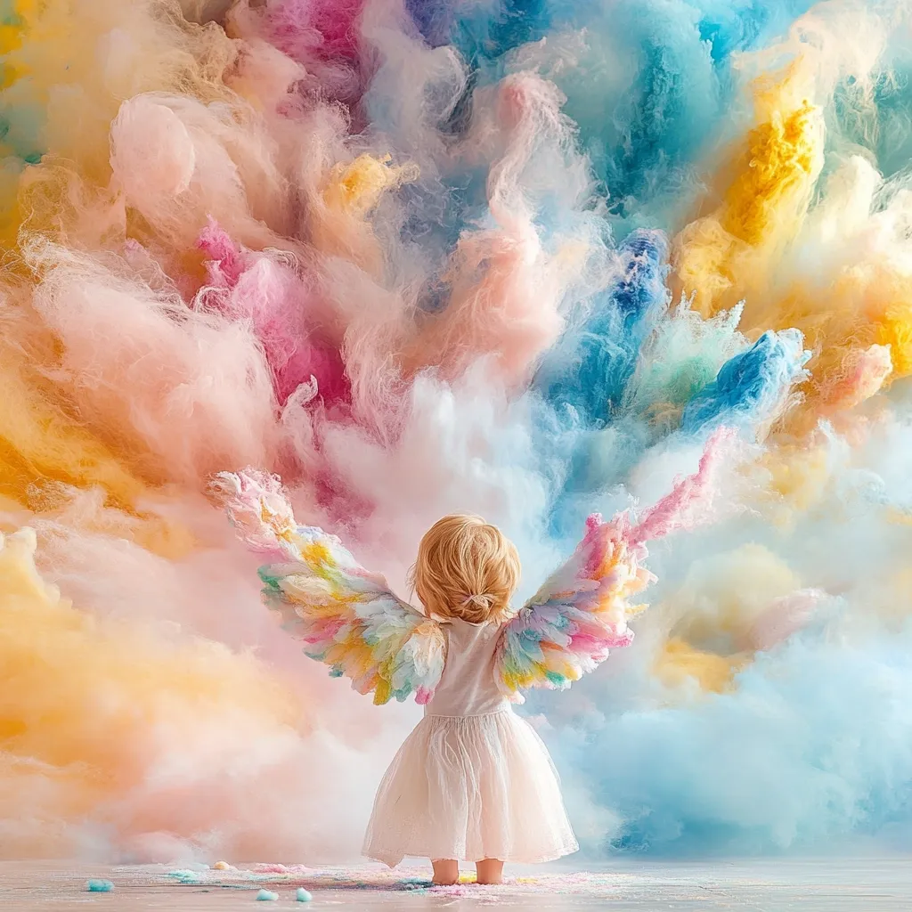 A toddler, wearing a white dress and pastel rainbow wings, stands before a vibrant, colorful explosion of what appears to be cotton candy.  The backdrop is a swirling mass of pastel hues – pinks, blues, yellows, and oranges – creating a dreamy, whimsical atmosphere. The child's back is to the camera, facing the fantastical scene.  Small pastel colored balls are scattered on the floor in front of the child.