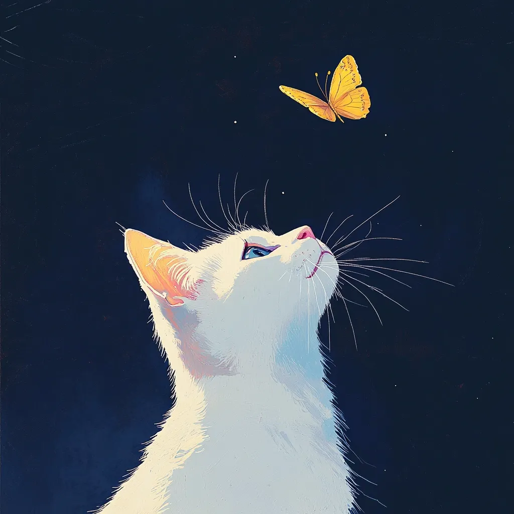 A white cat with striking blue eyes gazes upwards against a dark blue night sky.  A single, bright yellow butterfly floats above it, creating a serene and whimsical scene. The cat's whiskers are delicately rendered, enhancing its peaceful expression. The artwork is stylized with a painterly texture, emphasizing the contrast between the cat's soft fur and the deep background.