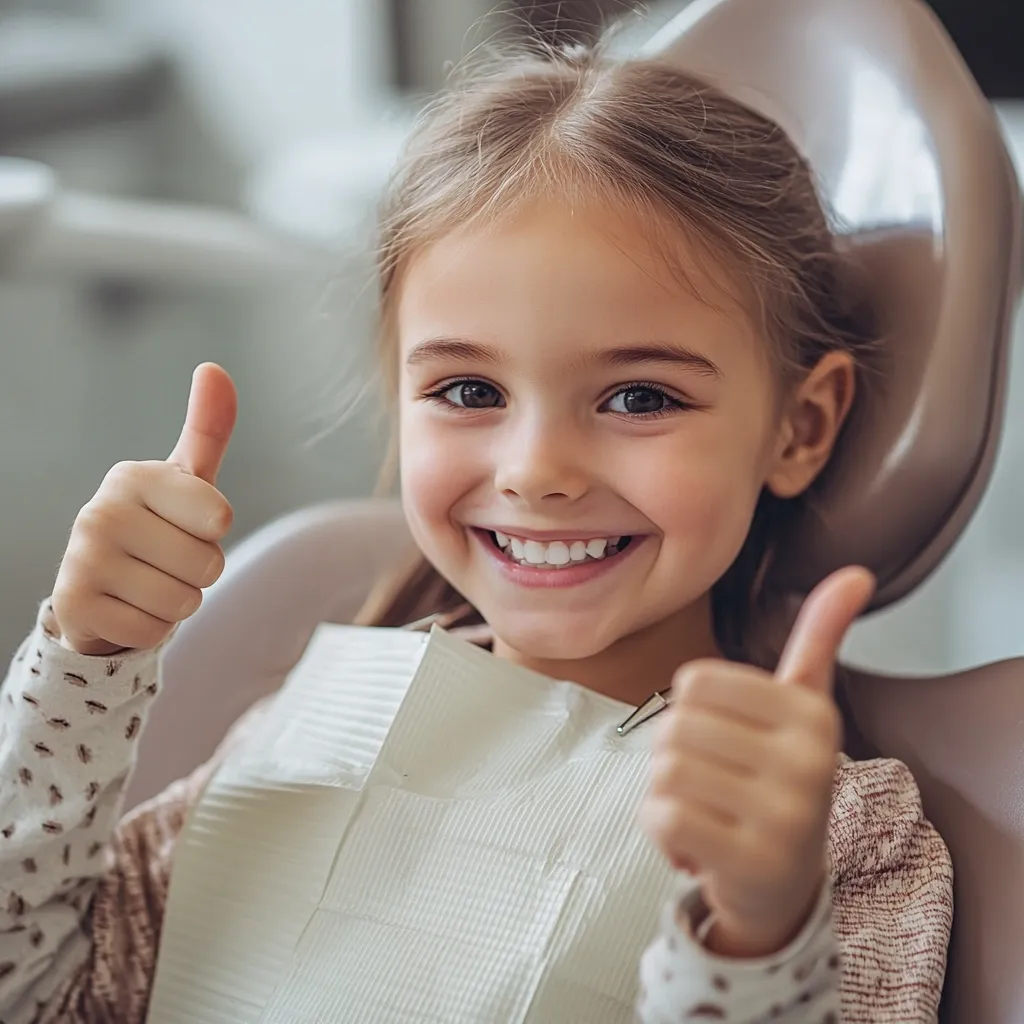 A young girl sits in a dentist's chair, giving two thumbs up.  She's wearing a bib and has a bright, happy smile, showcasing healthy teeth. Her expression conveys positive feelings about her dental visit.  The image suggests a positive and comfortable dental experience for children.