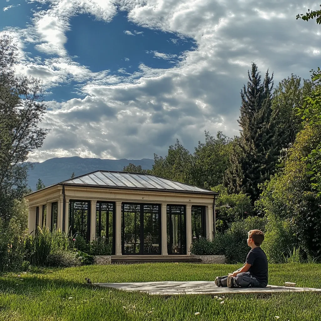 A young boy sits cross-legged on a patio in a lush green lawn, gazing toward a classic-style gazebo. The gazebo features a metal roof and large glass panels, situated amidst mature trees and a backdrop of mountains under a partly cloudy sky.  The scene evokes a sense of serenity and peaceful contemplation.