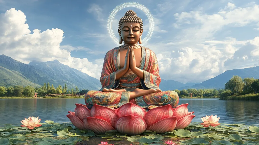 A serene image depicts a Buddha statue in a meditative pose, seated atop a large lotus flower floating on a calm lake.  Mountains and a clear sky form a breathtaking backdrop. The Buddha's hands are pressed together in prayer, and a halo-like glow surrounds his head. The scene is peaceful and evokes a sense of tranquility and spiritual enlightenment.  Pink lotus blossoms frame the main flower and statue.