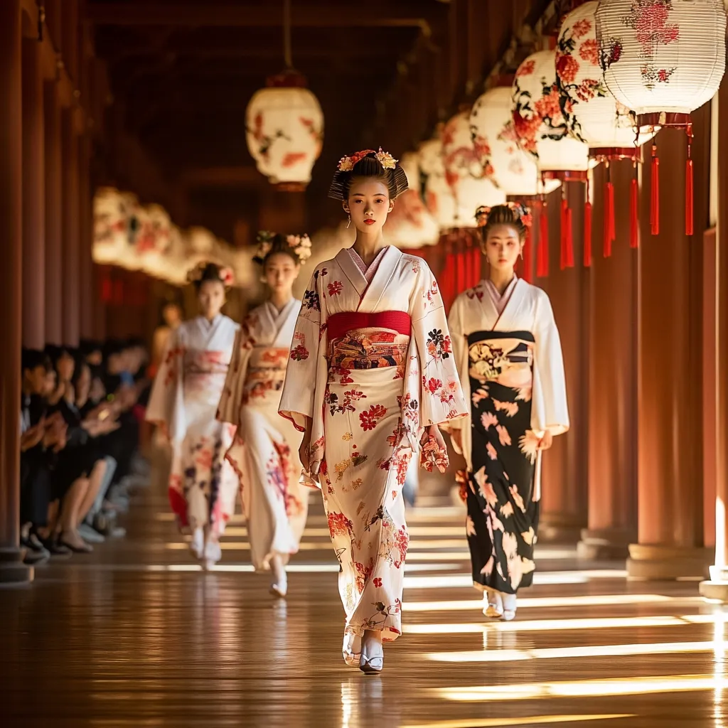 Four models elegantly glide down a sunlit corridor, adorned in exquisite kimonos.  Their traditional attire, featuring floral patterns and vibrant obi sashes, contrasts beautifully with the ancient architecture and hanging paper lanterns.  The scene evokes a captivating blend of modern fashion and timeless Japanese culture.  Spectators watch from the sidelines, adding to the atmosphere of a unique fashion show.