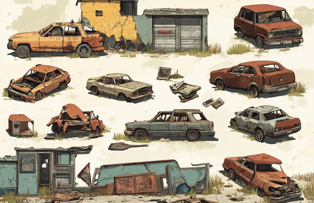 The illustration depicts a collection of dilapidated cars and ruined structures, suggesting a post-apocalyptic or abandoned setting.  Various vehicles, from sedans to station wagons, are shown in various states of decay, some heavily damaged, others simply rusted.  Broken-down buildings, including a partially collapsed house and a wrecked kiosk, complete the scene, all rendered in a detailed, stylized manner.  The overall tone is one of desolation and ruin.
