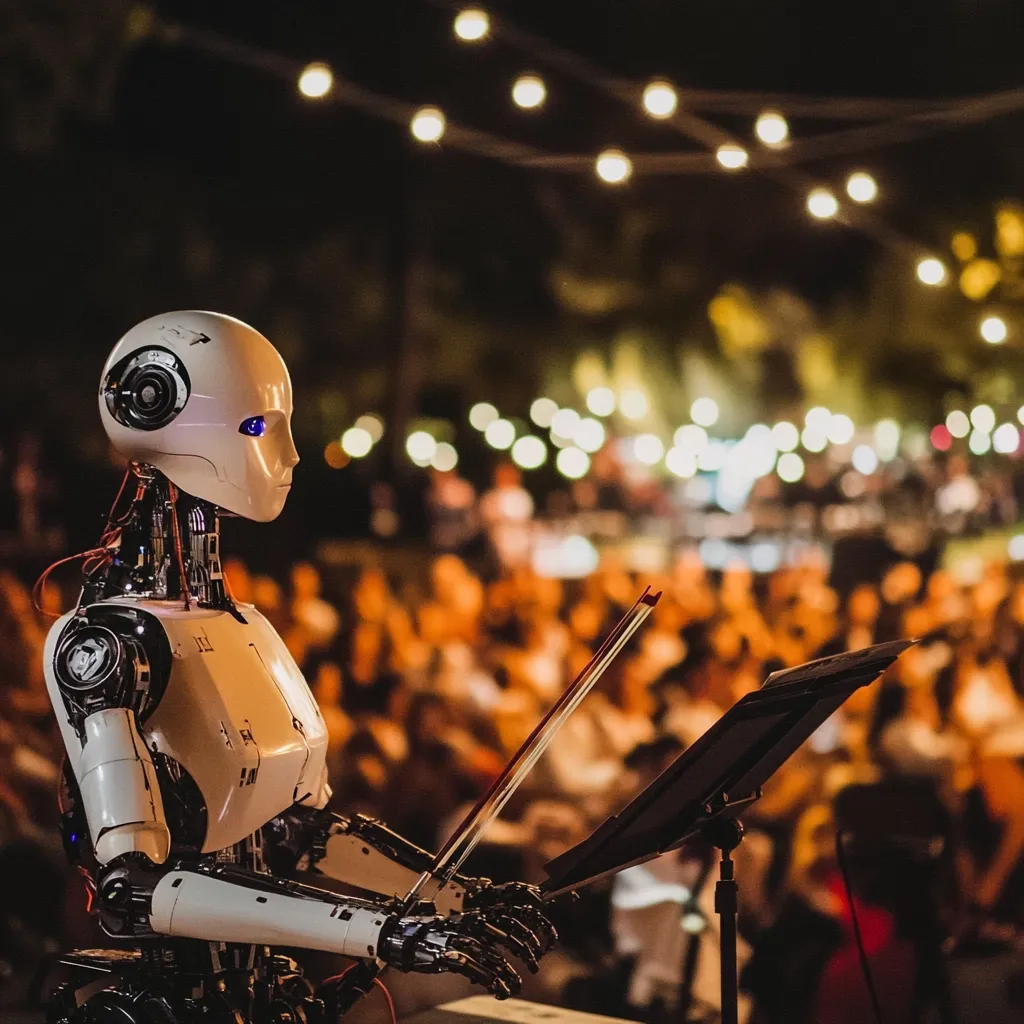 A humanoid robot, with a white and beige body, sits poised before a music stand, holding a violin bow.  Its blue eyes are focused, suggesting concentration.  The robot performs in front of a blurred-background audience under a canopy of warm string lights, creating a captivating contrast between advanced technology and a traditional performance setting.